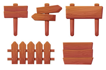 Set of wooden tablets, textured panels, signboards with pointer, fence with nails in cartoon style isolated on white background. Rustic board, plank with place. Ui game assets