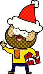 comic book style illustration of a bearded man with present wearing santa hat