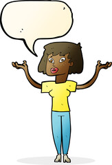 cartoon woman holding up hands with speech bubble