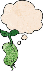 cartoon sprouting bean and thought bubble in grunge texture pattern style
