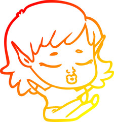 warm gradient line drawing pretty cartoon elf girl sitting