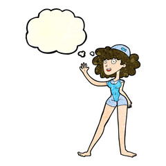cartoon swimmer woman with thought bubble