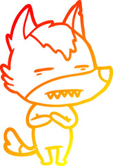 warm gradient line drawing cartoon wolf showing teeth