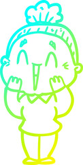 cold gradient line drawing cartoon happy old lady