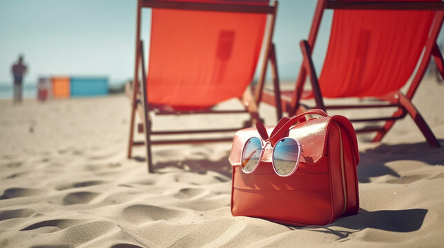 red beach chair  red sunglasses and bag; generative AI