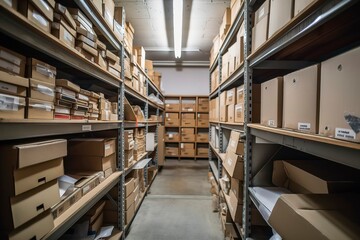 Fototapeta premium interior of an warehouse full of Spaces and high rising self Where the products are stocked. Generative AI