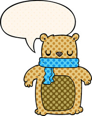 cartoon bear and scarf and speech bubble in comic book style