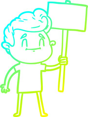 cold gradient line drawing happy cartoon man with sign