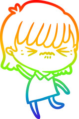 Fototapeta na wymiar rainbow gradient line drawing annoyed cartoon girl