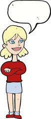 cartoon smug woman with speech bubble