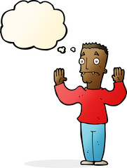 cartoon man surrendering with thought bubble