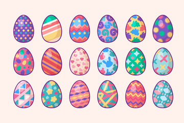 Festive Easter decorated eggs ornament set. Happy funny painted chicken egg. Flat cartoon egg icon