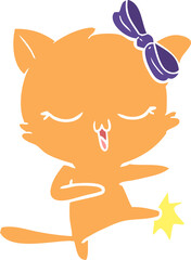 flat color style cartoon cat with bow on head