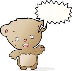 cartoon teddy bear waving with speech bubble