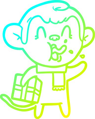 cold gradient line drawing crazy cartoon monkey with christmas present