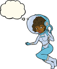 cartoon space woman with thought bubble