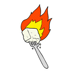 comic book style cartoon flaming tofu on fork