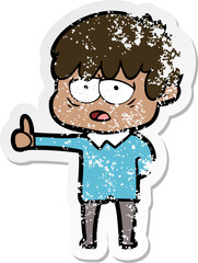 distressed sticker of a cartoon exhausted boy