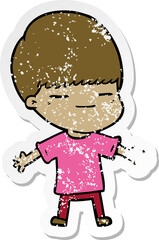 distressed sticker of a cartoon smug boy