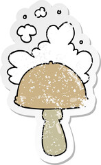 distressed sticker of a cartoon mushroom with spore cloud