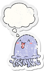 cartoon jellyfish and thought bubble as a distressed worn sticker
