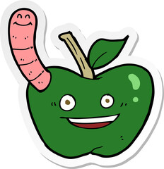 sticker of a cartoon apple with worm