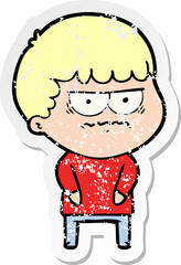 distressed sticker of a cartoon annoyed man