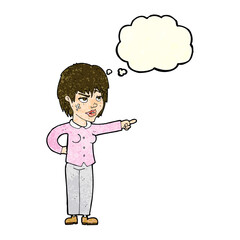 cartoon woman pointing with thought bubble