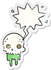 cartoon spooky halloween skull and speech bubble distressed sticker