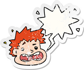 cartoon frightened face and speech bubble distressed sticker