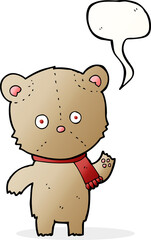 cartoon waving teddy bear with speech bubble