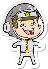 distressed sticker of a cartoon laughing astronaut