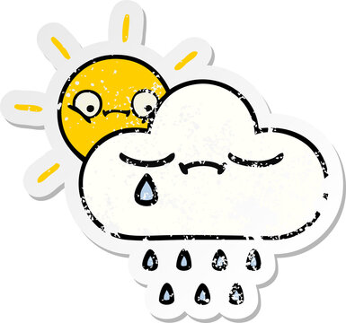distressed sticker of a cute cartoon sunshine and rain cloud