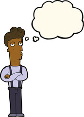 cartoon unimpressed man with thought bubble