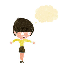 cartoon woman panicking with thought bubble