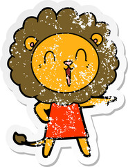 distressed sticker of a laughing lion cartoon