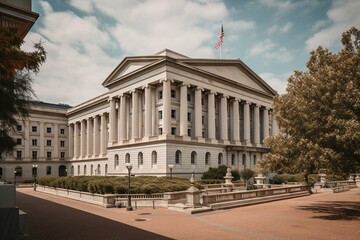 Fototapeta na wymiar Exterior of the United States Department of Treasury building in downtown Washington, DC. Generative AI