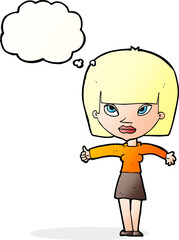 cartoon woman giving thumbs up symbol with thought bubble