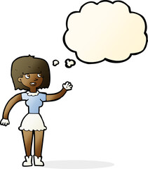 cartoon girl waving with thought bubble