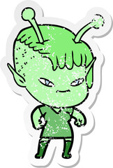 distressed sticker of a cute cartoon alien girl