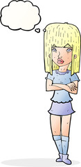 cartoon girl with crossed arms with thought bubble