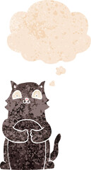 cartoon cat and thought bubble in retro textured style