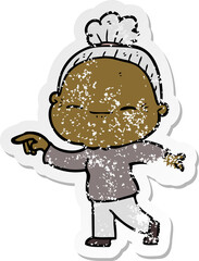 distressed sticker of a cartoon peaceful old woman