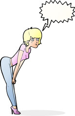cartoon woman looking at something with speech bubble