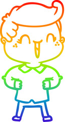 rainbow gradient line drawing cartoon laughing boy with hands on hips