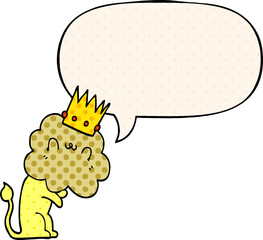 cartoon lion and crown and speech bubble in comic book style