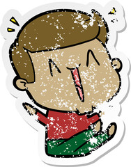 distressed sticker of a cartoon happy man