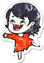 distressed sticker of a cartoon laughing vampire girl