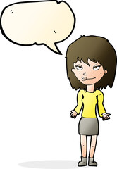 cartoon woman shrugging shoulders with speech bubble