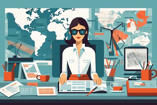 vector image of a woman working as a travel agent, vector, flat design style, character, cartoon, office worker, employee, cute concept vector illustration in flat style. generative ai